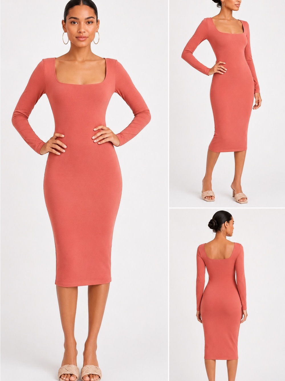 Forever 21 Women’s Coral Square Neck Long Sleeve Bodycon Midi Dress